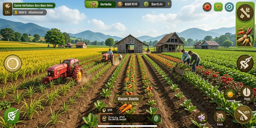 Tangkapan layar gameplay yang menggambarkan aktivitas pertanian yang seru.