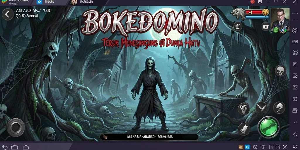 Screenshot gameplay BOKEDOMINO menampilkan suasana menegangkan dan hantu yang menyeramkan.