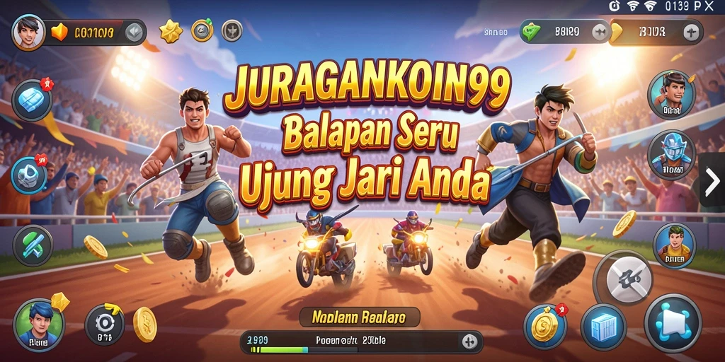 Gameplay intens JURAGANKOIN99 dengan mobil balap yang cepat.
