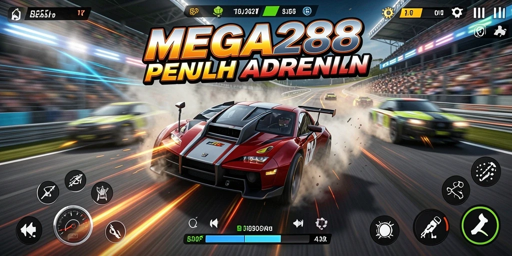 Gameplay mendebarkan dari MEGA288 dengan mobil dan trek balapan.