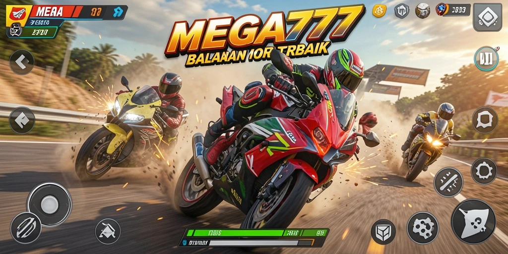 Tangkapan layar gameplay MEGA777 yang mendebarkan dengan balapan motor cepat.