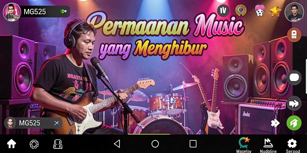 Screenshot utama MG525 yang menampilkan gameplay menyenangkan dengan alat musik.
