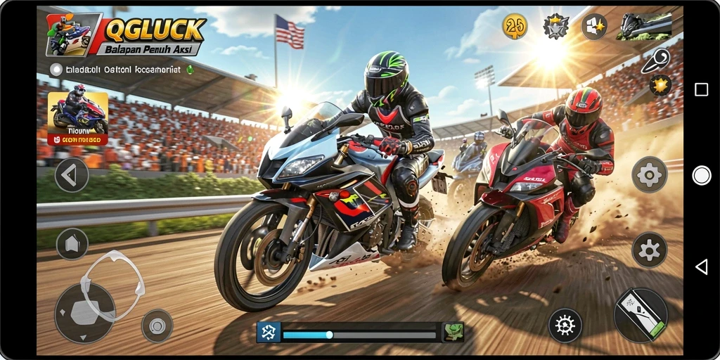 Tampilan gameplay QGLUCK dengan balapan yang seru dan menegangkan.