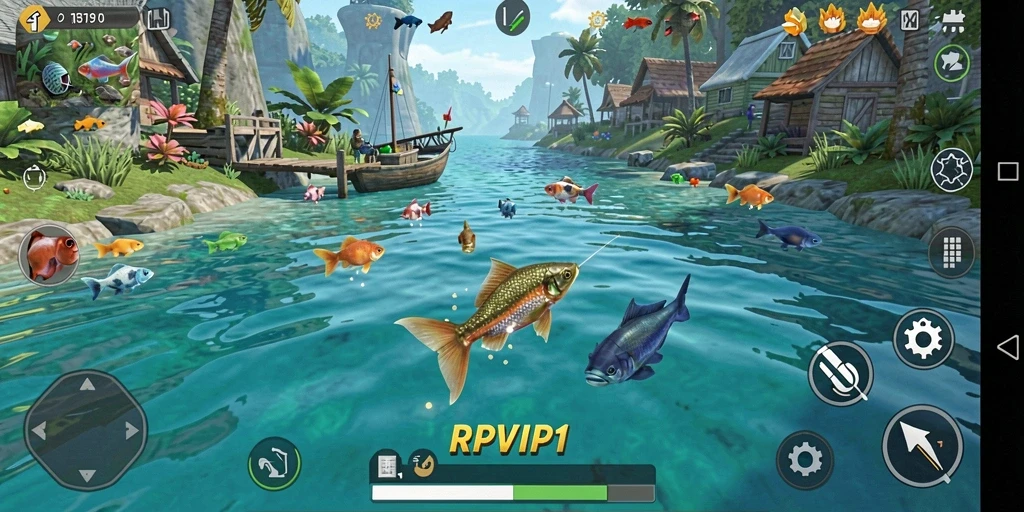 Gameplay Fishing RPVIP1 yang menampilkan berbagai lokasi dan ikan menakjubkan.